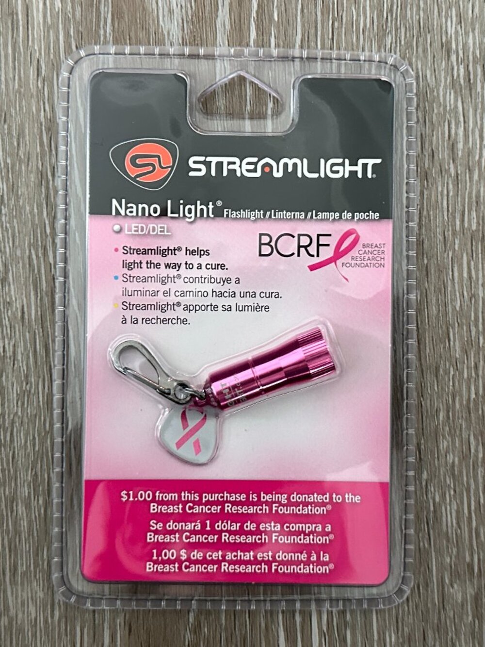 NWT Streamlight Nano LED Light Flashlight Breast Cancer Research Pink w Charm